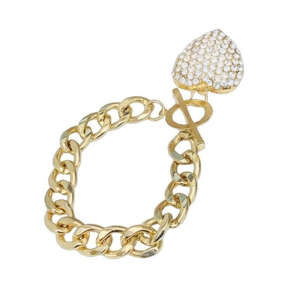 Gold Icy Crystal Heart Bracelet 8" Curb Chain Toggle Valentines Day Lovecore - Picture 10 of 11